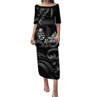 Black Hafa Adai Guam Puletasi Chamorro Latte Stone Hand With Plumeria LT14 Long Dress Black - Polynesian Pride