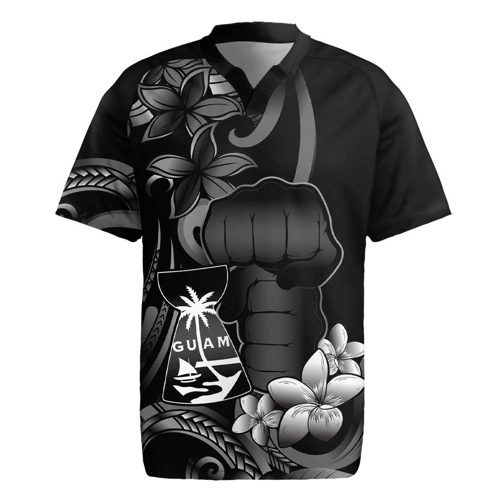 Black Hafa Adai Guam Rugby Jersey Chamorro Latte Stone Hand With Plumeria LT14 Black - Polynesian Pride