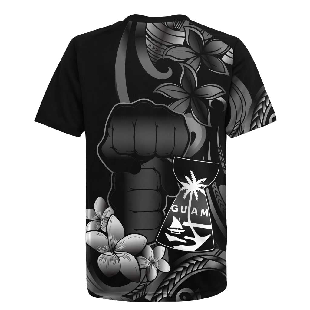 Black Hafa Adai Guam Rugby Jersey Chamorro Latte Stone Hand With Plumeria LT14 - Polynesian Pride