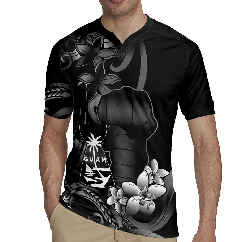 Black Hafa Adai Guam Rugby Jersey Chamorro Latte Stone Hand With Plumeria LT14 - Polynesian Pride