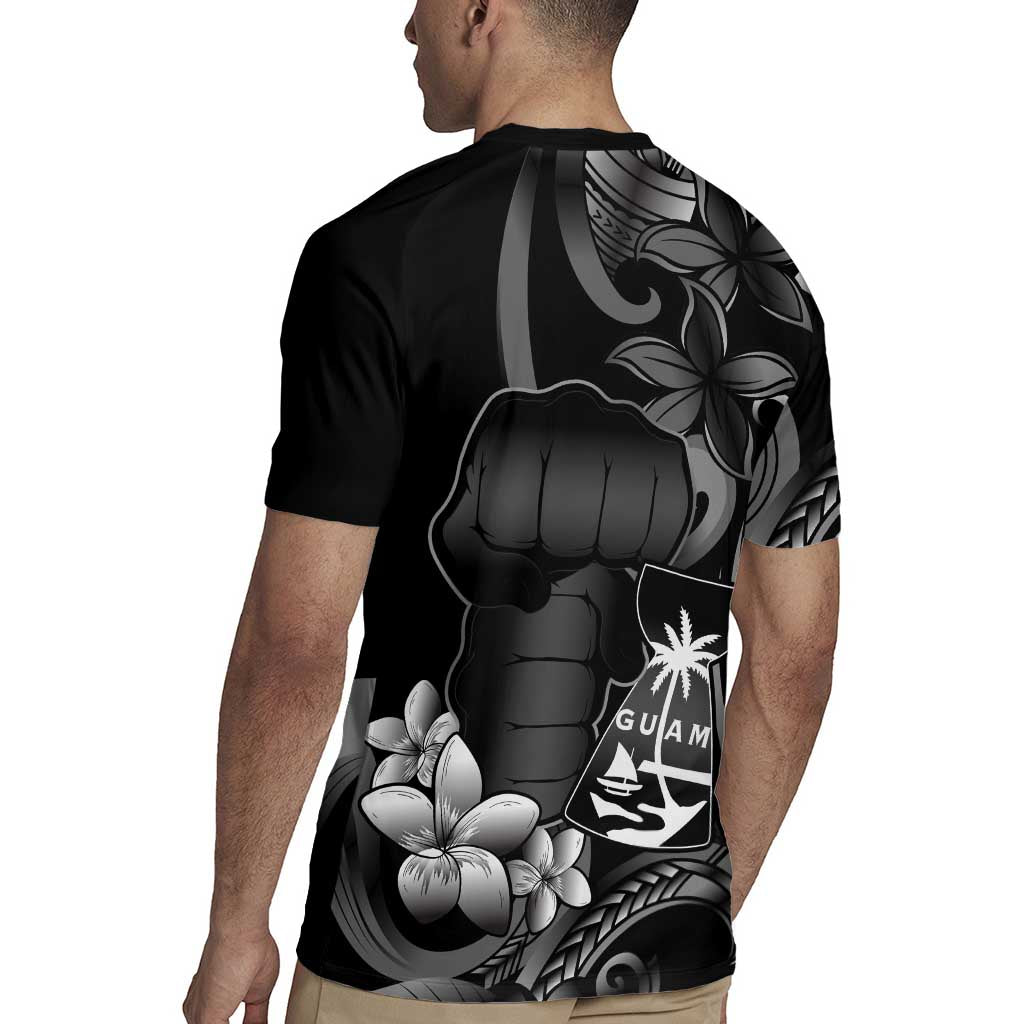Black Hafa Adai Guam Rugby Jersey Chamorro Latte Stone Hand With Plumeria LT14 - Polynesian Pride