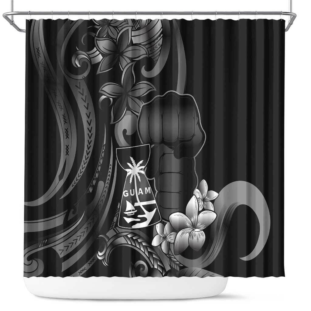Black Hafa Adai Guam Shower Curtain Chamorro Latte Stone Hand With Plumeria LT14 Black - Polynesian Pride