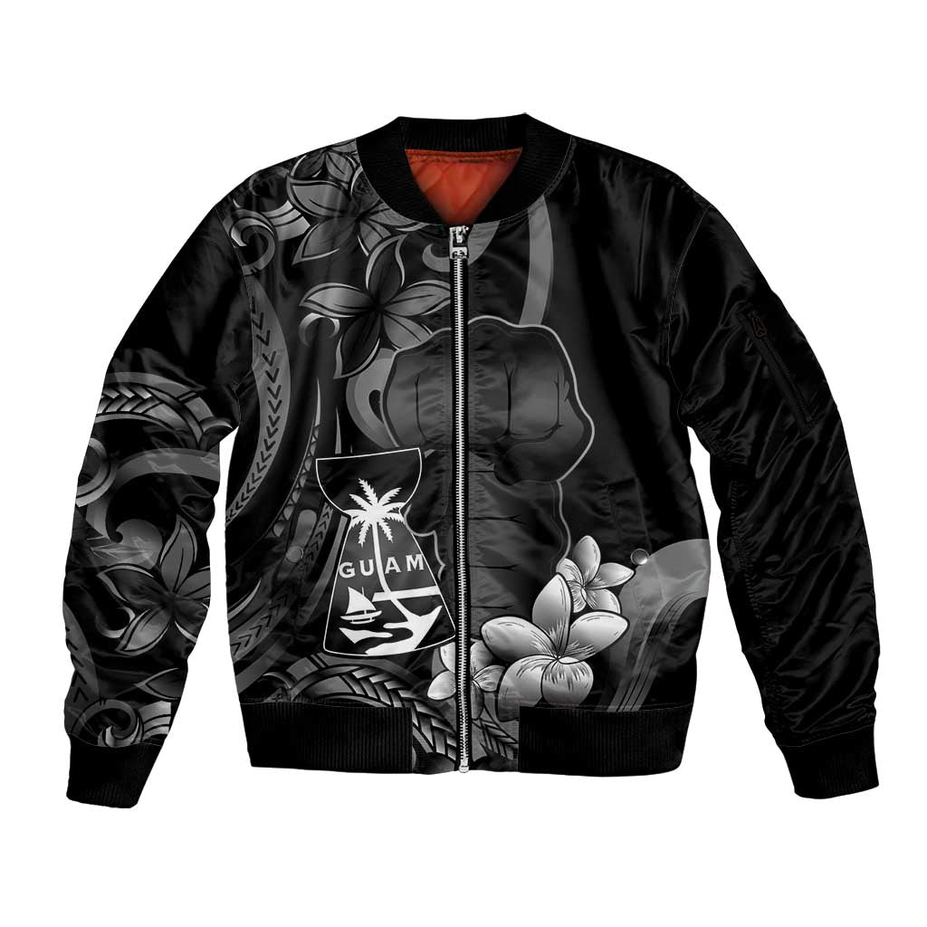 Black Hafa Adai Guam Sleeve Zip Bomber Jacket Chamorro Latte Stone Hand With Plumeria LT14 Unisex Black - Polynesian Pride