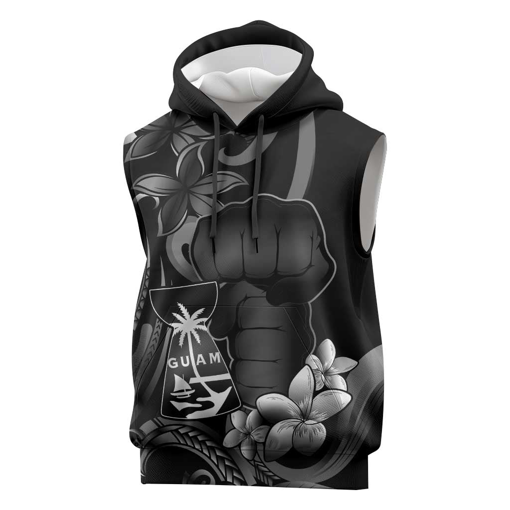 Black Hafa Adai Guam Sleeveless Hoodie Chamorro Latte Stone Hand With Plumeria LT14 Black - Polynesian Pride