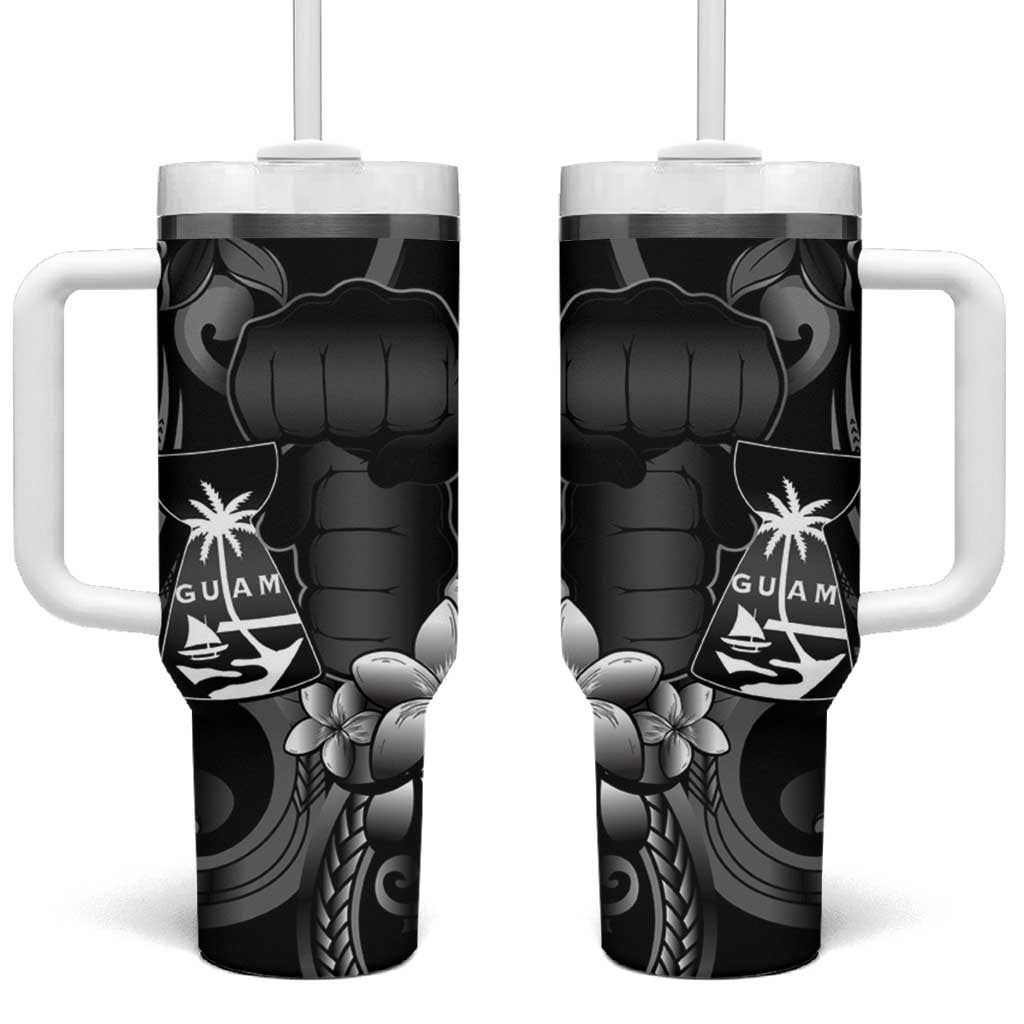 Black Hafa Adai Guam Tumbler With Handle Chamorro Latte Stone Hand With Plumeria LT14 One Size: 40 oz Black - Polynesian Pride