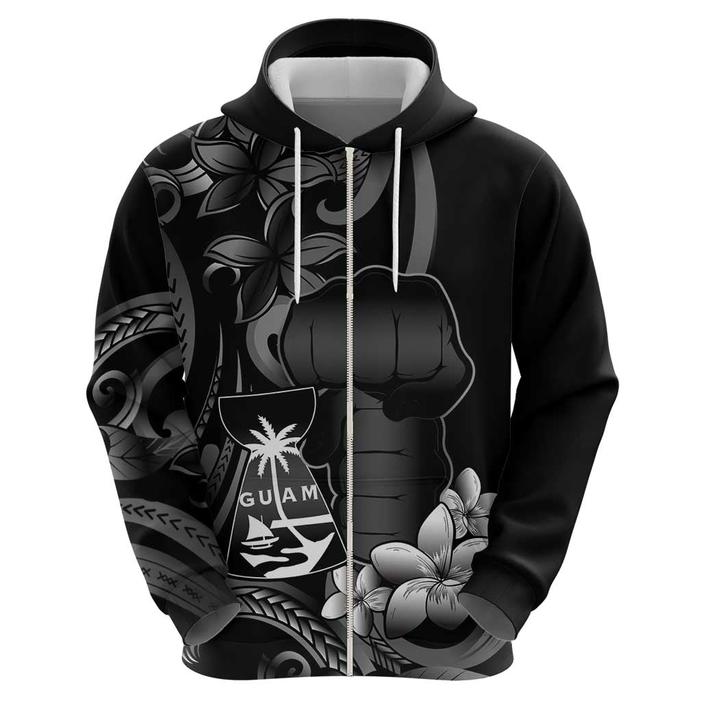 Black Hafa Adai Guam Zip Hoodie Chamorro Latte Stone Hand With Plumeria LT14 - Polynesian Pride