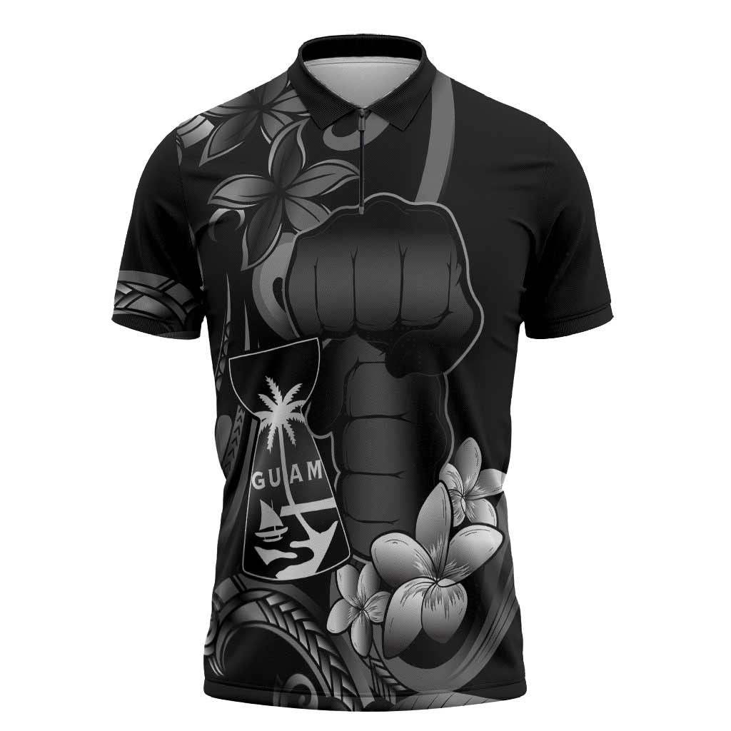 Black Hafa Adai Guam Zipper Polo Shirt Chamorro Latte Stone Hand With Plumeria LT14 Black - Polynesian Pride