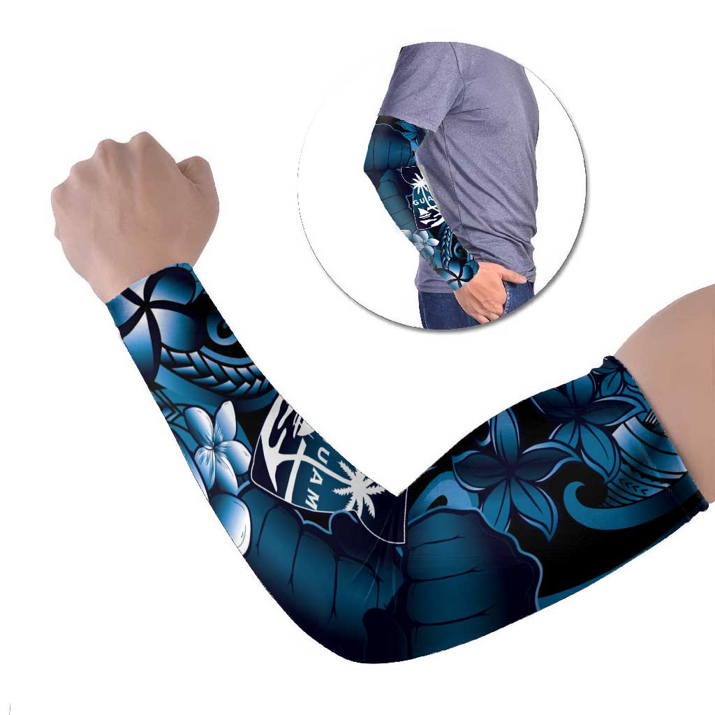 Blue Hafa Adai Guam Arm Sleeves Chamorro Latte Stone Hand With Plumeria LT14 Set of 2 Blue - Polynesian Pride