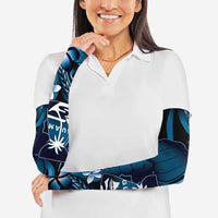 Blue Hafa Adai Guam Arm Sleeves Chamorro Latte Stone Hand With Plumeria LT14 - Polynesian Pride