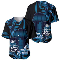 Blue Hafa Adai Guam Baseball Jersey Chamorro Latte Stone Hand With Plumeria LT14 - Polynesian Pride