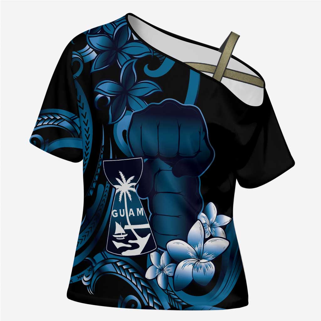 Blue Hafa Adai Guam Cross Shoulder Shirt Chamorro Latte Stone Hand With Plumeria LT14 Female Blue - Polynesian Pride