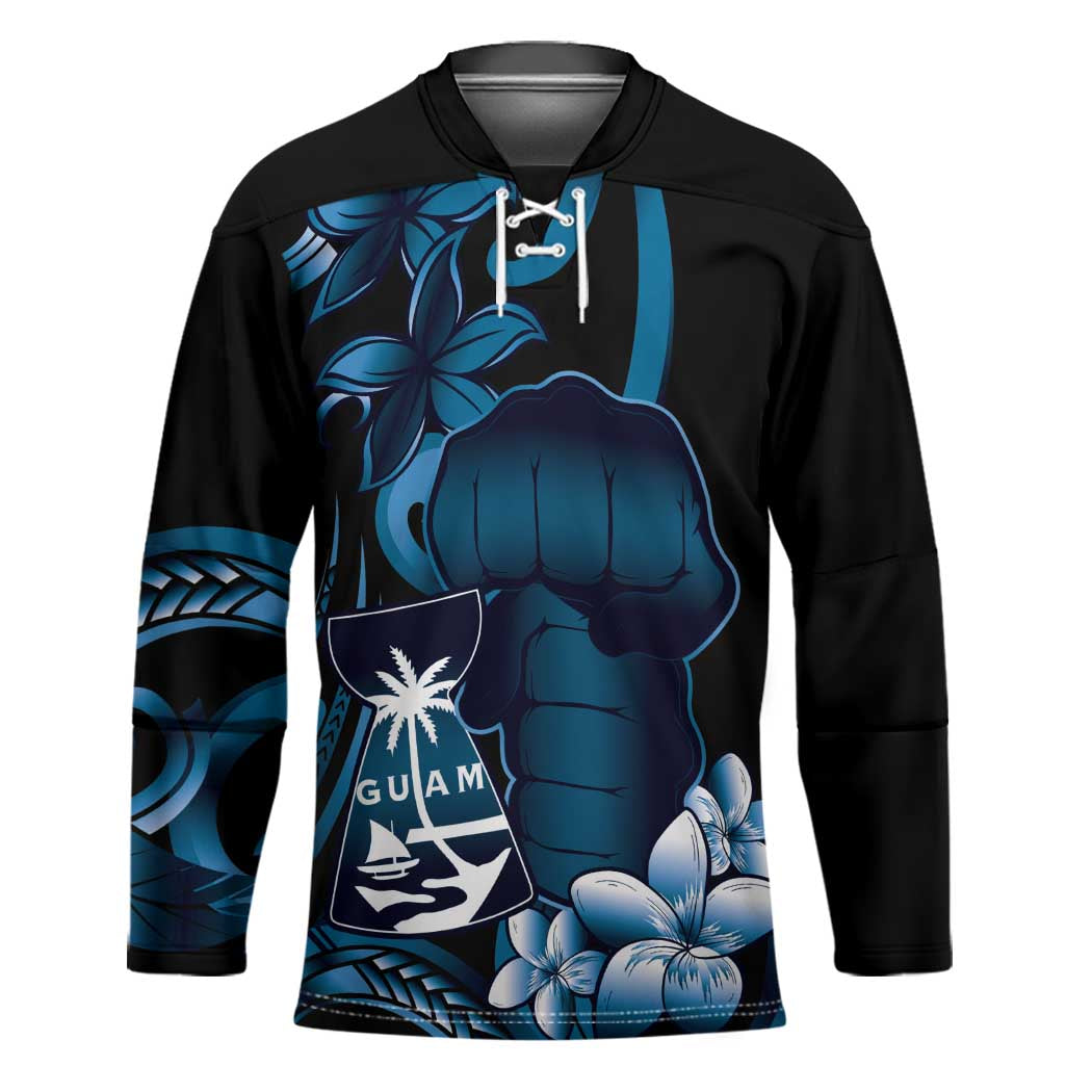 Blue Hafa Adai Guam Hockey Jersey Chamorro Latte Stone Hand With Plumeria LT14 Unisex Blue - Polynesian Pride