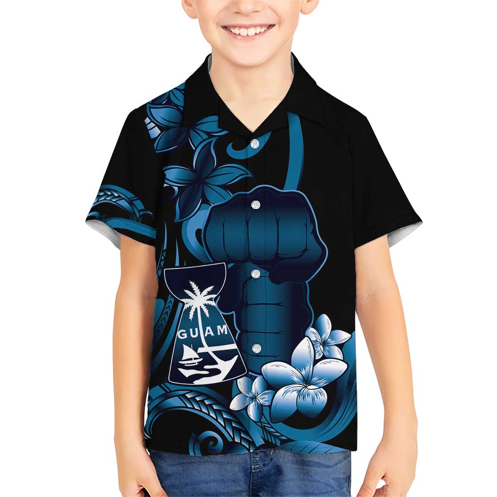 Blue Hafa Adai Guam Kid Hawaiian Shirt Chamorro Latte Stone Hand With Plumeria LT14 Kid Blue - Polynesian Pride