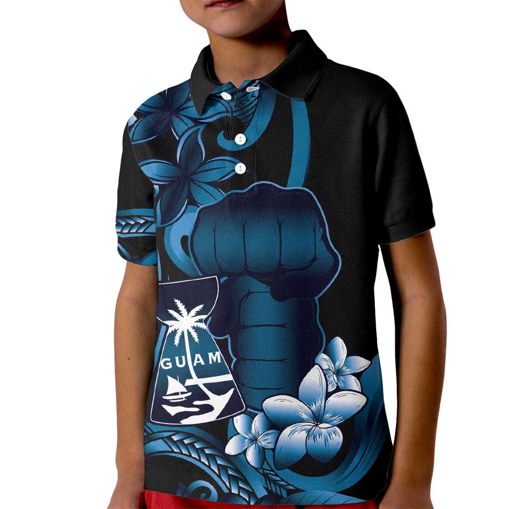 Blue Hafa Adai Guam Kid Polo Shirt Chamorro Latte Stone Hand With Plumeria LT14 Kid Blue - Polynesian Pride