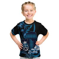 Blue Hafa Adai Guam Kid T Shirt Chamorro Latte Stone Hand With Plumeria LT14 Blue - Polynesian Pride