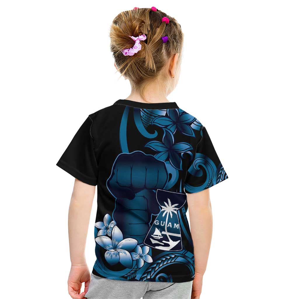 Blue Hafa Adai Guam Kid T Shirt Chamorro Latte Stone Hand With Plumeria LT14 - Polynesian Pride