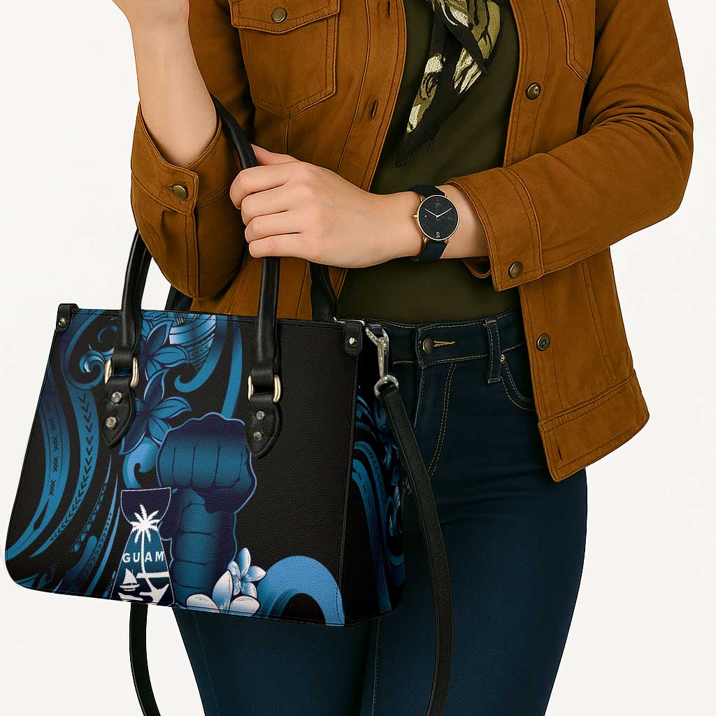 Blue Hafa Adai Guam Leather Bag Chamorro Latte Stone Hand With Plumeria LT14 - Polynesian Pride