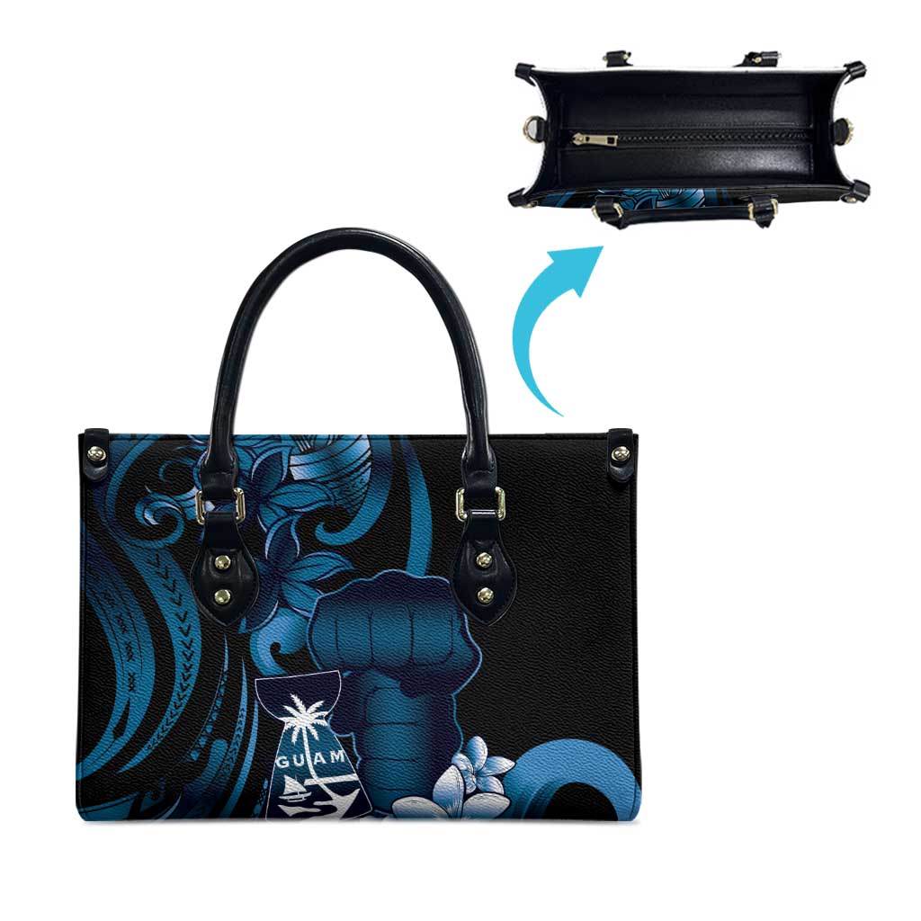 Blue Hafa Adai Guam Leather Bag Chamorro Latte Stone Hand With Plumeria LT14 - Polynesian Pride