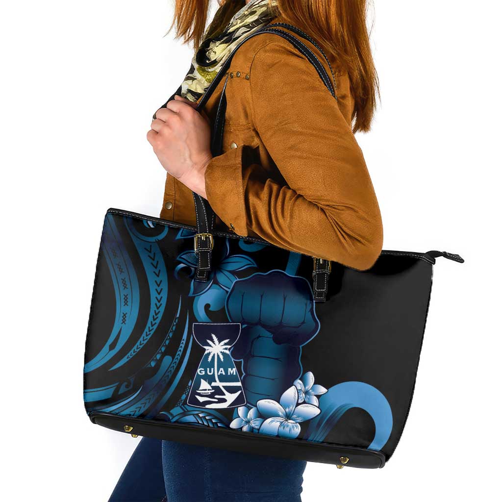 Blue Hafa Adai Guam Leather Tote Bag Chamorro Latte Stone Hand With Plumeria LT14 Blue - Polynesian Pride