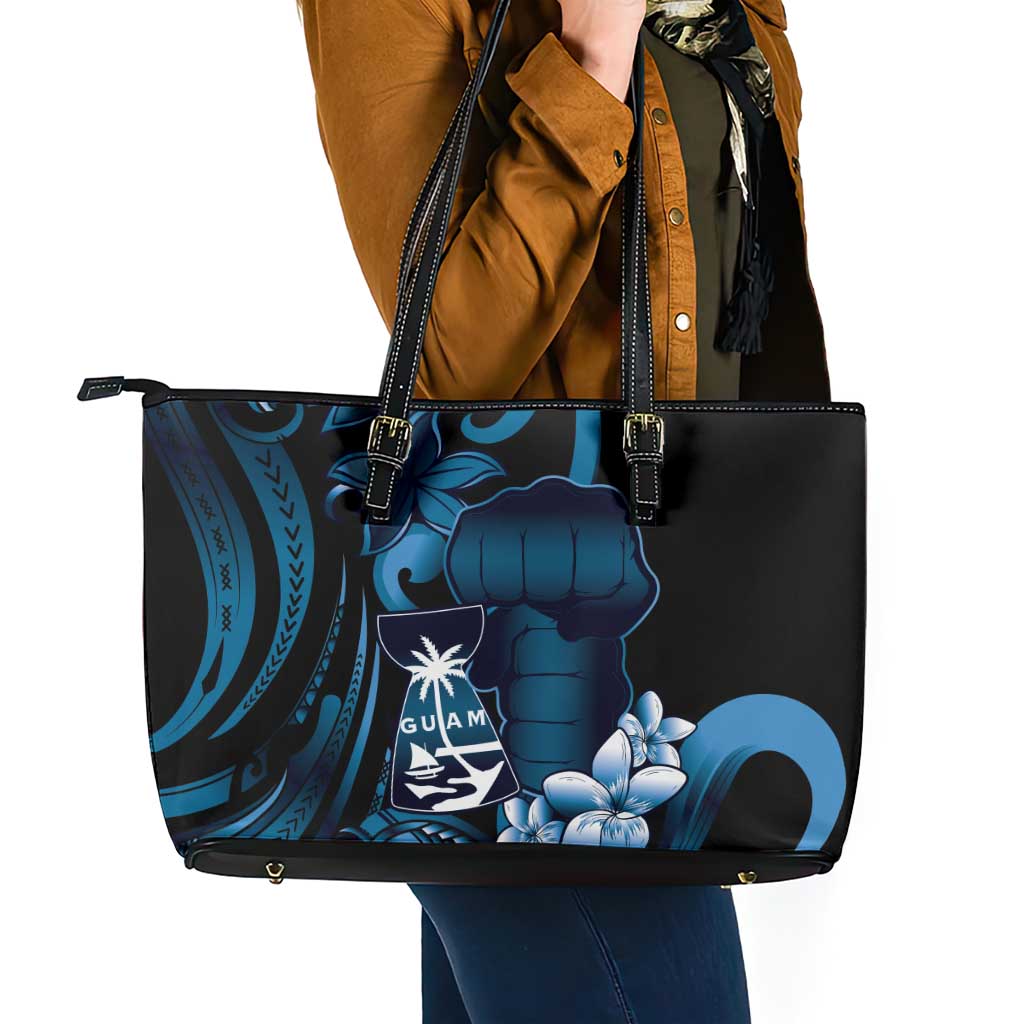 Blue Hafa Adai Guam Leather Tote Bag Chamorro Latte Stone Hand With Plumeria LT14 - Polynesian Pride