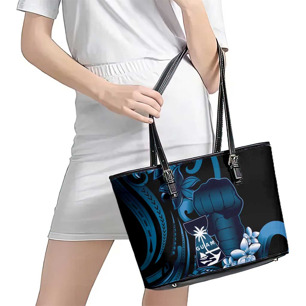 Blue Hafa Adai Guam Leather Tote Bag Chamorro Latte Stone Hand With Plumeria LT14 - Polynesian Pride