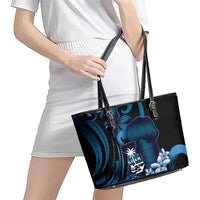 Blue Hafa Adai Guam Leather Tote Bag Chamorro Latte Stone Hand With Plumeria LT14 - Polynesian Pride