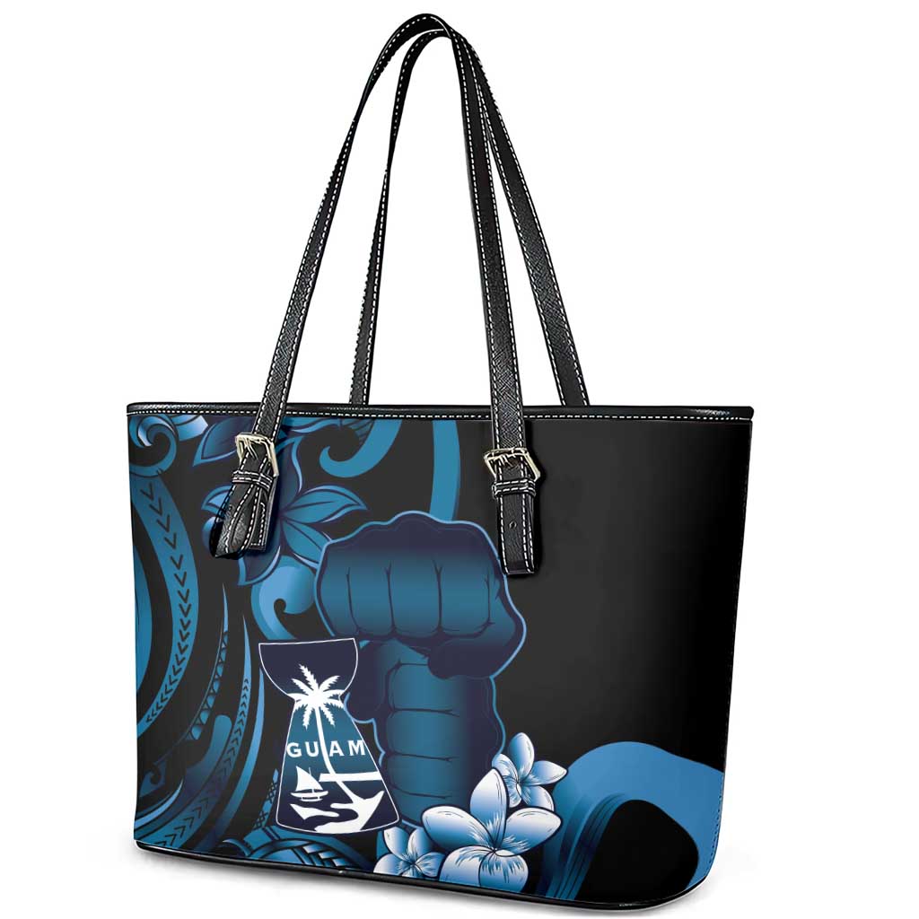 Blue Hafa Adai Guam Leather Tote Bag Chamorro Latte Stone Hand With Plumeria LT14 - Polynesian Pride