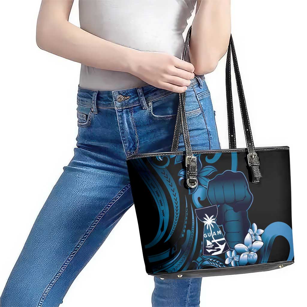 Blue Hafa Adai Guam Leather Tote Bag Chamorro Latte Stone Hand With Plumeria LT14 - Polynesian Pride