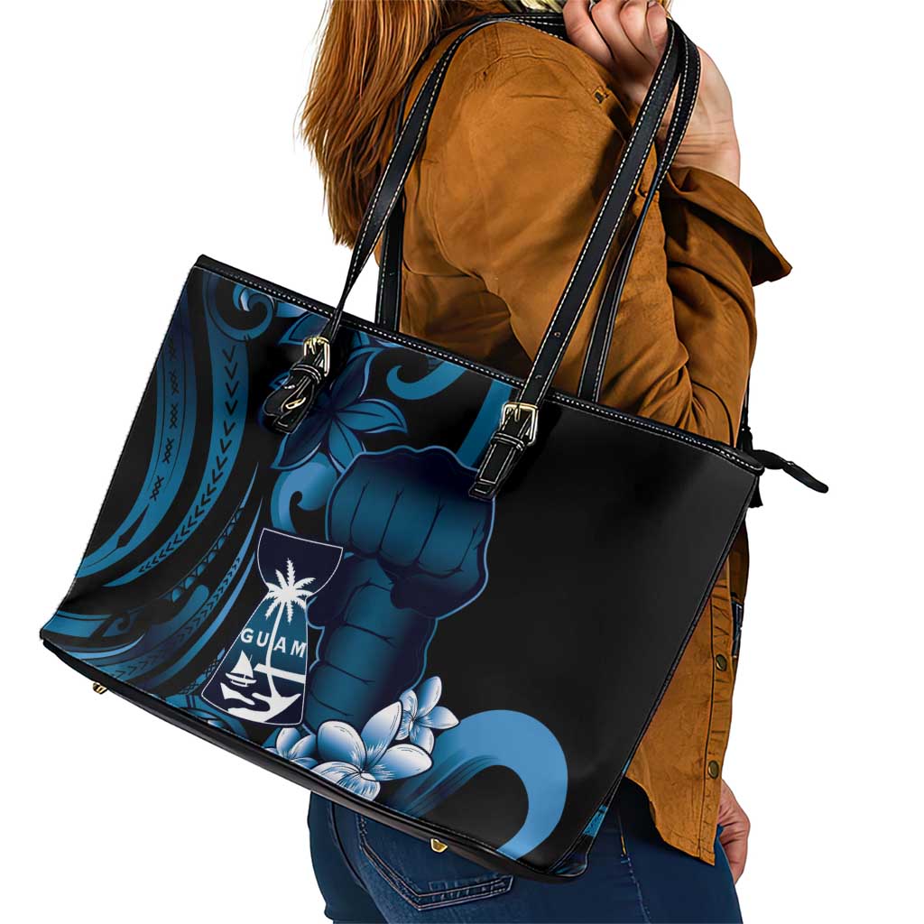 Blue Hafa Adai Guam Leather Tote Bag Chamorro Latte Stone Hand With Plumeria LT14 - Polynesian Pride