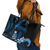 Blue Hafa Adai Guam Leather Tote Bag Chamorro Latte Stone Hand With Plumeria LT14 - Polynesian Pride