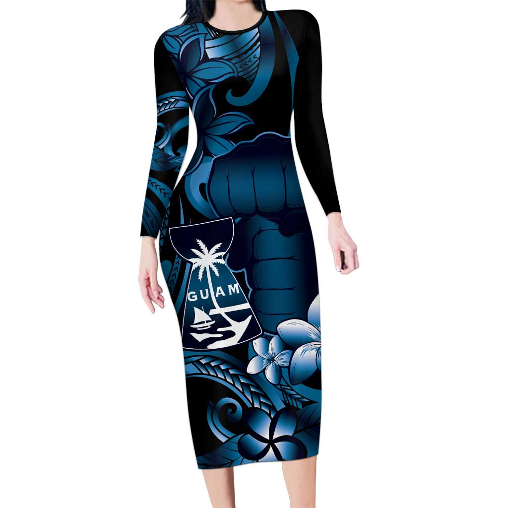 Blue Hafa Adai Guam Long Sleeve Bodycon Dress Chamorro Latte Stone Hand With Plumeria LT14 Long Dress Blue - Polynesian Pride