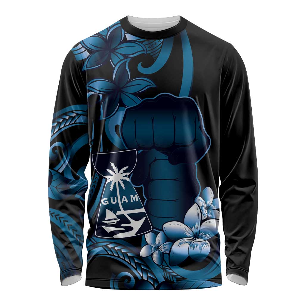 Blue Hafa Adai Guam Long Sleeve Shirt Chamorro Latte Stone Hand With Plumeria LT14 Unisex Blue - Polynesian Pride
