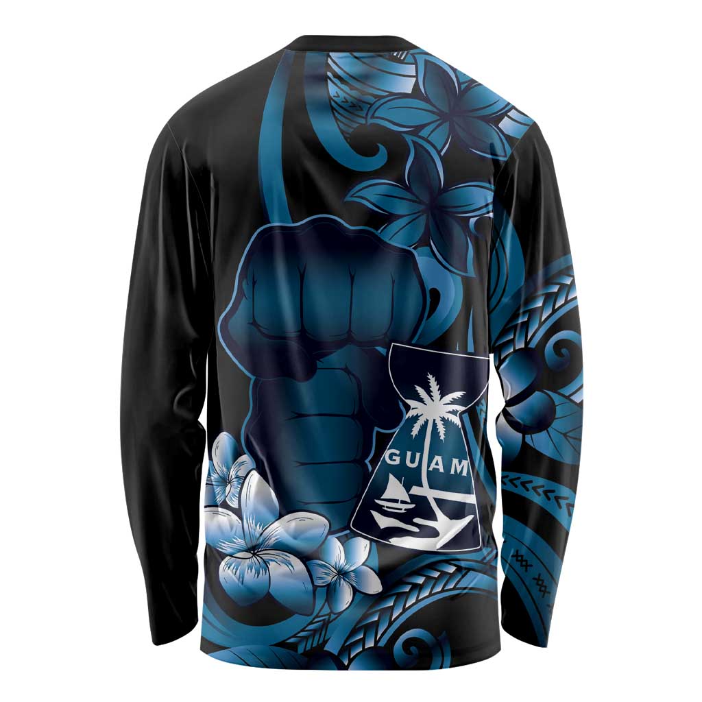 Blue Hafa Adai Guam Long Sleeve Shirt Chamorro Latte Stone Hand With Plumeria LT14 - Polynesian Pride