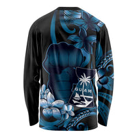 Blue Hafa Adai Guam Long Sleeve Shirt Chamorro Latte Stone Hand With Plumeria LT14 - Polynesian Pride