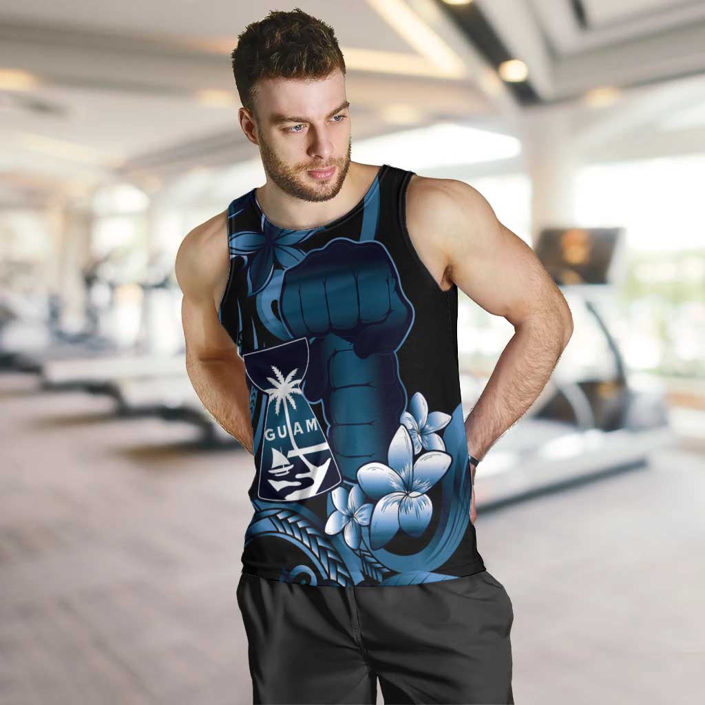 Blue Hafa Adai Guam Men Tank Top Chamorro Latte Stone Hand With Plumeria LT14 Blue - Polynesian Pride