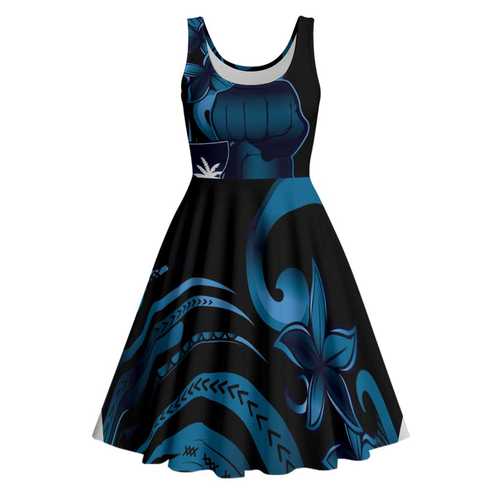 Blue Hafa Adai Guam Midi Dress Chamorro Latte Stone Hand With Plumeria LT14 Blue - Polynesian Pride