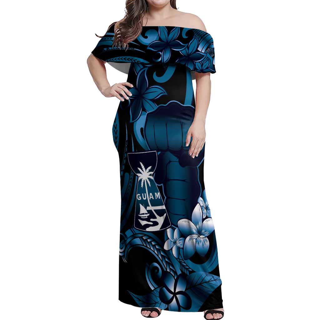 Blue Hafa Adai Guam Off Shoulder Maxi Dress Chamorro Latte Stone Hand With Plumeria LT14 Women Blue - Polynesian Pride