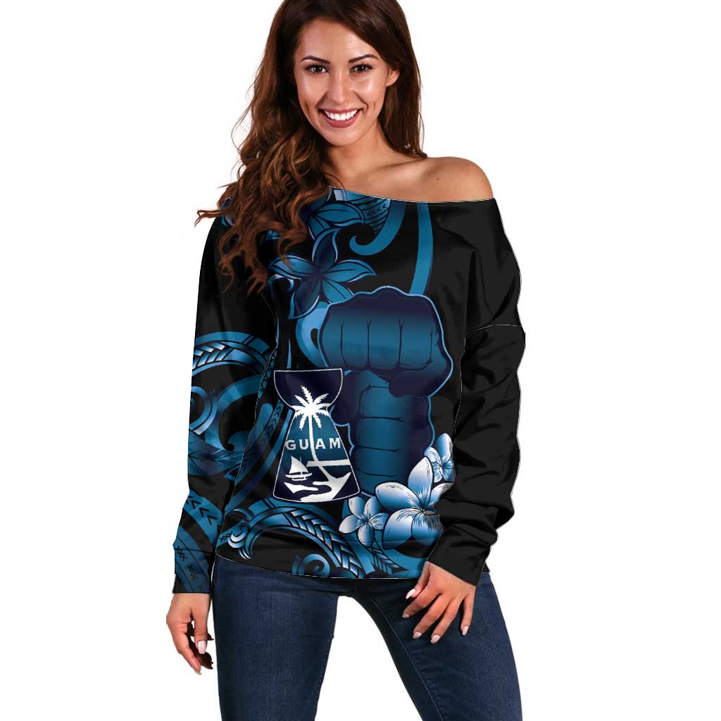 Blue Hafa Adai Guam Off Shoulder Sweater Chamorro Latte Stone Hand With Plumeria LT14 Women Blue - Polynesian Pride