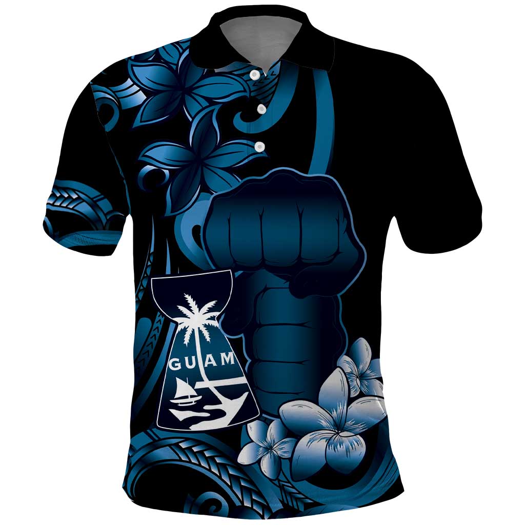 Blue Hafa Adai Guam Polo Shirt Chamorro Latte Stone Hand With Plumeria LT14 Blue - Polynesian Pride