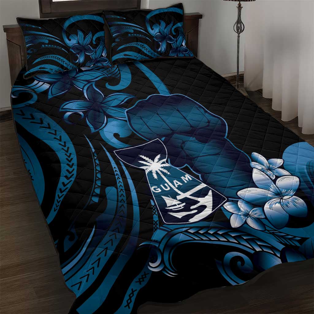 Blue Hafa Adai Guam Quilt Bed Set Chamorro Latte Stone Hand With Plumeria LT14 Blue - Polynesian Pride