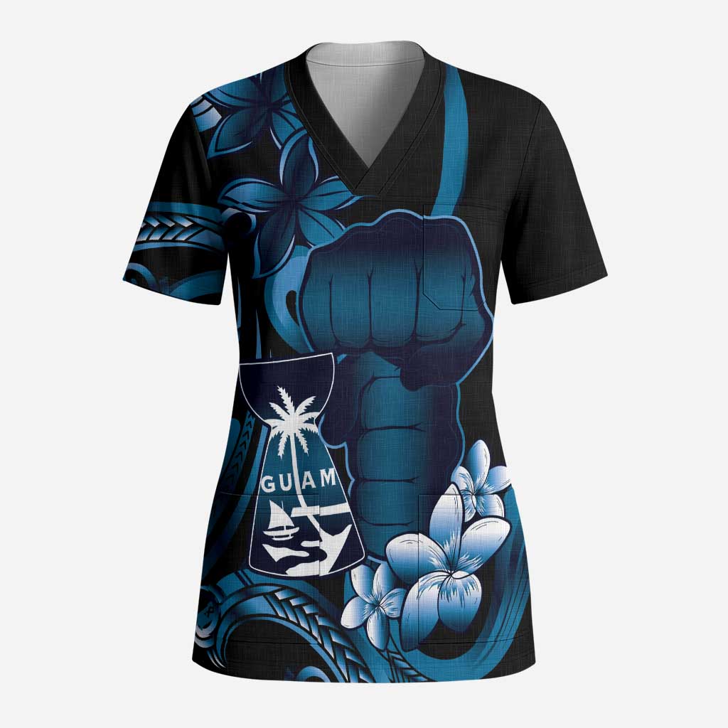 Blue Hafa Adai Guam Scrub Top Chamorro Latte Stone Hand With Plumeria LT14 Adult Blue - Polynesian Pride