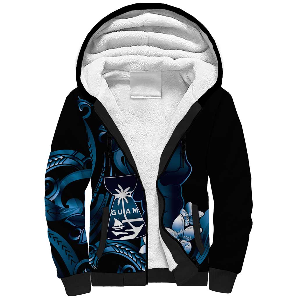 Blue Hafa Adai Guam Sherpa Hoodie Chamorro Latte Stone Hand With Plumeria LT14 Unisex Blue - Polynesian Pride