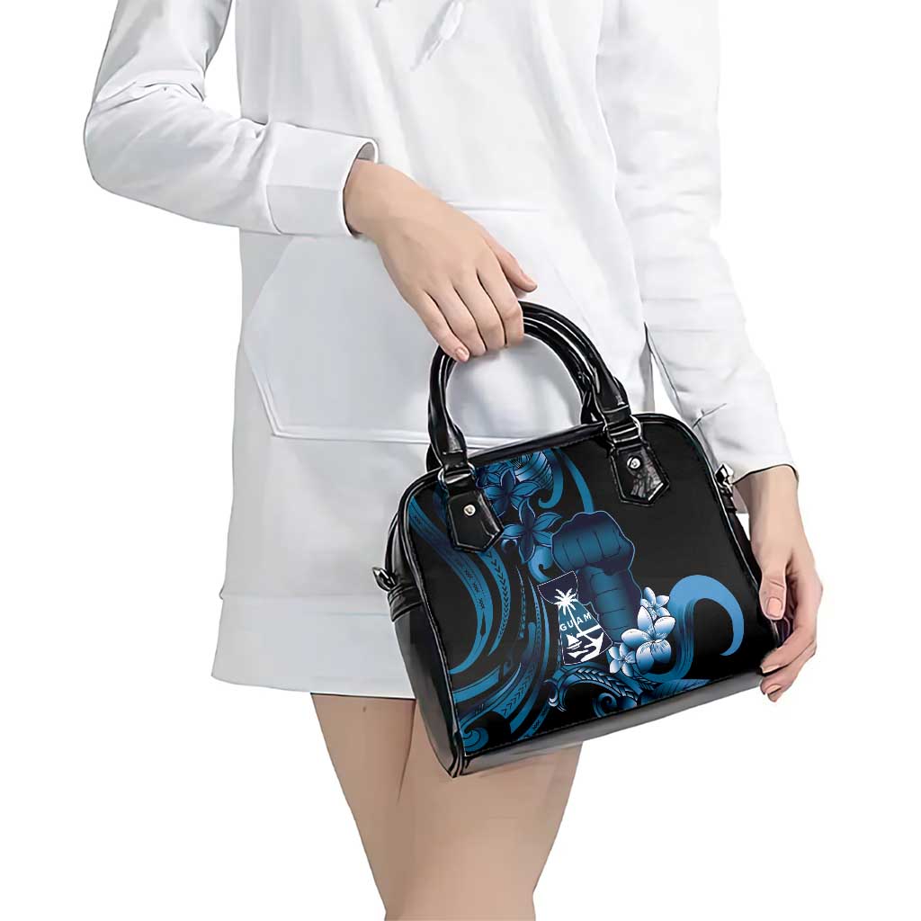 Blue Hafa Adai Guam Shoulder Handbag Chamorro Latte Stone Hand With Plumeria LT14 - Polynesian Pride