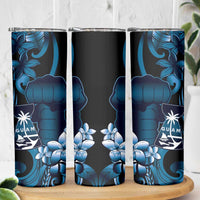 Blue Hafa Adai Guam Skinny Tumbler Chamorro Latte Stone Hand With Plumeria LT14 - Polynesian Pride