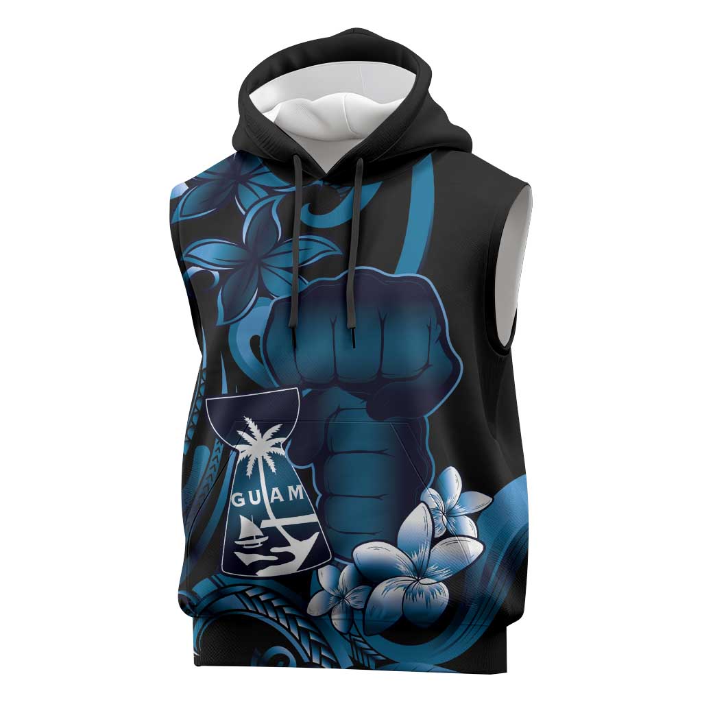 Blue Hafa Adai Guam Sleeveless Hoodie Chamorro Latte Stone Hand With Plumeria LT14 Blue - Polynesian Pride
