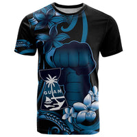 Blue Hafa Adai Guam T Shirt Chamorro Latte Stone Hand With Plumeria LT14 Blue - Polynesian Pride