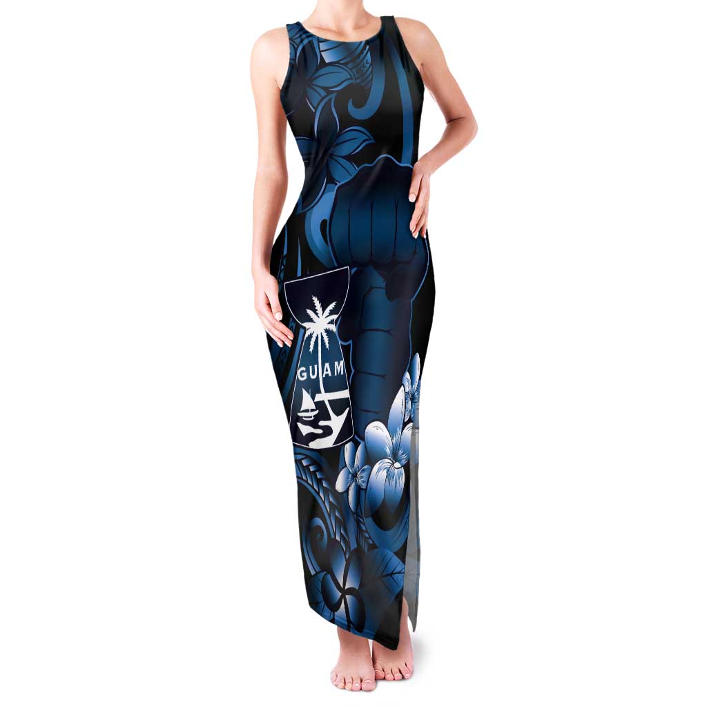 Blue Hafa Adai Guam Tank Maxi Dress Chamorro Latte Stone Hand With Plumeria LT14 Women Blue - Polynesian Pride