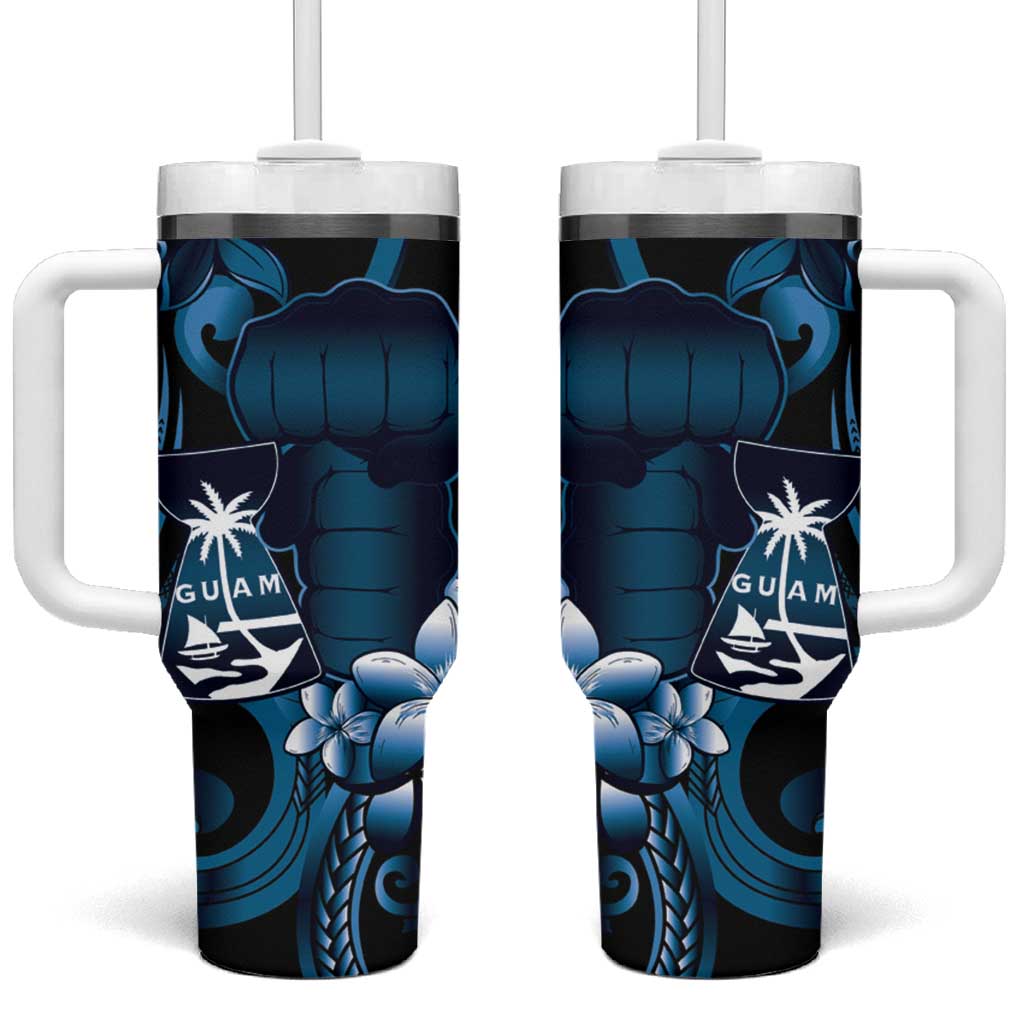 Blue Hafa Adai Guam Tumbler With Handle Chamorro Latte Stone Hand With Plumeria LT14 One Size: 40 oz Blue - Polynesian Pride