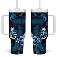 Blue Hafa Adai Guam Tumbler With Handle Chamorro Latte Stone Hand With Plumeria LT14 One Size: 40 oz Blue - Polynesian Pride