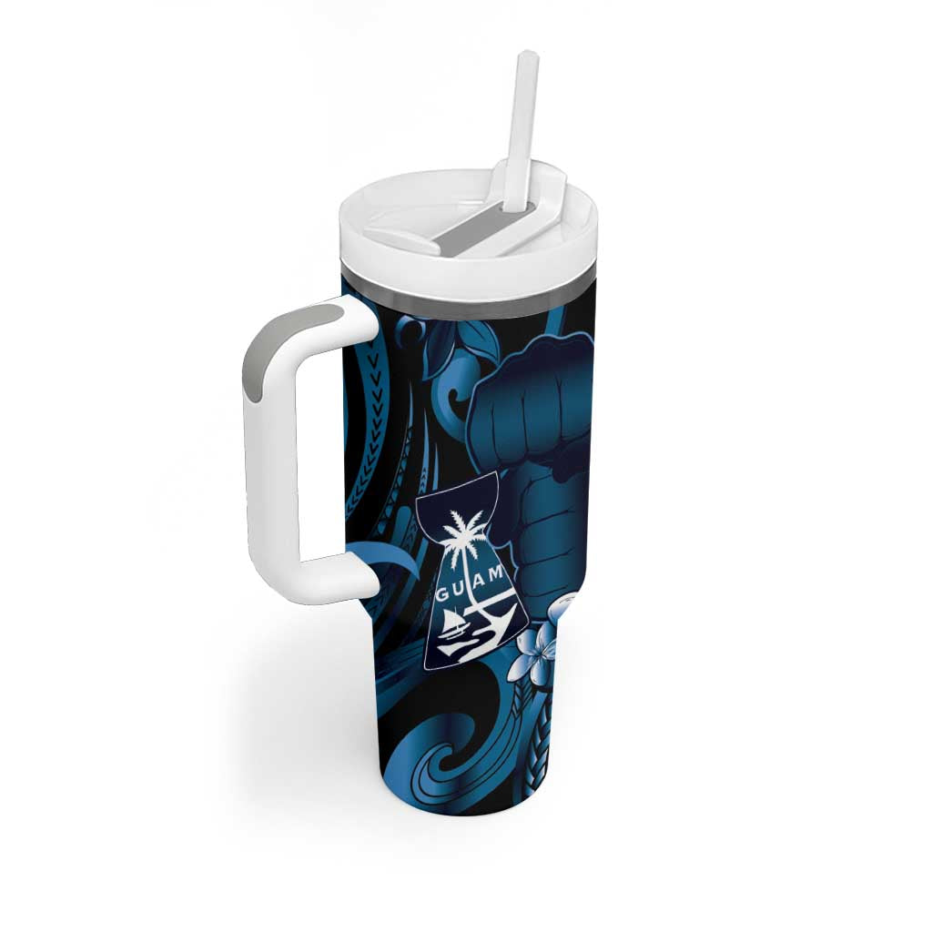 Blue Hafa Adai Guam Tumbler With Handle Chamorro Latte Stone Hand With Plumeria LT14 - Polynesian Pride